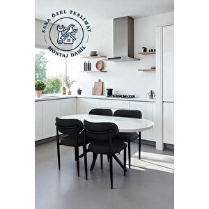 Prime Elisa Masa Takımı – Oval 160×80 Cm Beyaz Masa & 4 Adet Siyah Sandalye – Metal Ayaklı, Modern Tasarım