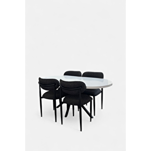 Prime Elisa Masa Takımı – Oval 160×80 Cm Beyaz Masa & 4 Adet Siyah Sandalye – Metal Ayaklı, Modern Tasarım
