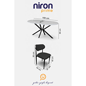 Niron Prime Elisa Masa Takımı – Oval 160×80 Cm Beyaz Masa & 4 Adet Siyah Sandalye – Metal Ayaklı, Modern Tasarım