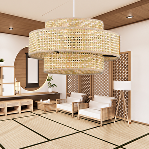 Otantik Trio Metal Kasalı Hasır Kaplama Rattan Salon Avize Üç Katlı Pasta Yatak Odası Sarkıt Hasır