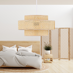 Otantik Trio Metal Kasalı Hasır Kaplama Rattan Salon Avize Üç Katlı Pasta Yatak Odası Sarkıt Hasır