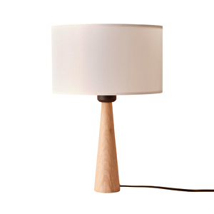 Naturel Masif Ahşap Ayaklı Abajur Silindir Krem Kumaş Başlıklı Masa Lambası Komodin Abajur