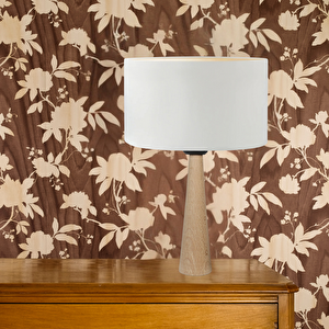 Naturel Masif Ahşap Ayaklı Abajur Silindir Krem Kumaş Başlıklı Masa Lambası Komodin Abajur