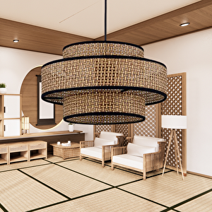 Otantik Trio Metal Kasalı Kahve Hasır Kaplama Rattan Salon Avize Üç Katlı Pasta Yatak Odası Sarkıt 8506 Koyu Kahve
