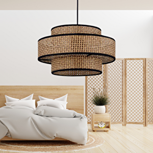 Otantik Trio Metal Kasalı Kahve Hasır Kaplama Rattan Salon Avize Üç Katlı Pasta Yatak Odası Sarkıt 8506 Koyu Kahve