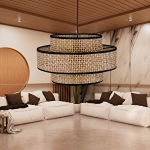 Otantik Trio Metal Kasalı Kahve Hasır Kaplama Rattan Salon Avize Üç Katlı Pasta Yatak Odası Sarkıt 8506 Koyu Kahve