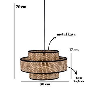 Otantik Trio Metal Kasalı Kahve Hasır Kaplama Rattan Salon Avize Üç Katlı Pasta Yatak Odası Sarkıt