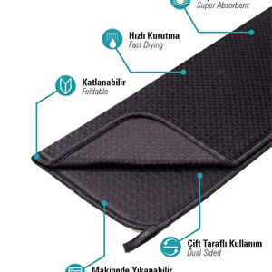 Mikrotex Bulaşık Matı Süper Emici Bulaşık Kurutma Matı 45x36cm Tezgah Üstü Bulaşık Matı Siyah