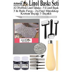 Linol Baskı Seti 1 Paket A3 30x40 Linolyum Tabaka Gri Kretuar Linol Oyma Seti 5 Bıçaklı Rulo Fırça Mürekkep Linol Baskı