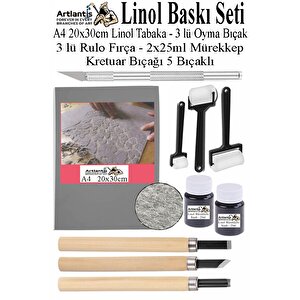 Linol Baskı Seti 1 Paket A4 20x30 Linolyum Tabaka Gri Linol Oyma Seti 3 Bıçaklı Kretuar Rulo Fırça Mürekkep Linol Baskı