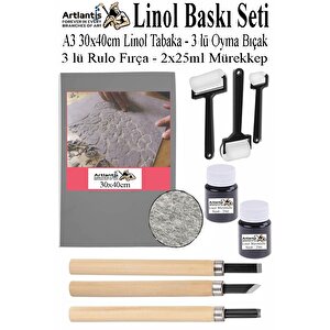 Linol Baskı Seti 1 Paket A3 30x40 Cm Linolyum Tabaka Gri Linol Oyma Seti 3 Bıçaklı Rulo Fırça Mürekkep Linol Baskı Seti