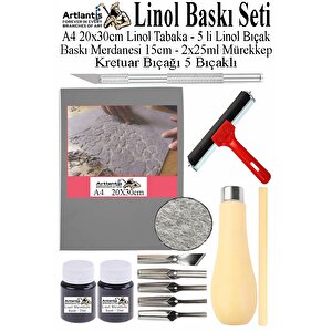 Linol Baskı Seti 1 Paket A4 20x30 Linolyum Tabaka Gri Linol Merdane Oyma Seti 5 Bıçaklı Rulo Fırça Mürekkep Linol Baskı