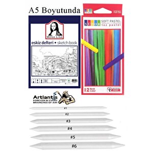 Toz Pastel Boya 12 Renk A5 Eskiz Defteri Pastel Dağıtma Kalemi 1 Paket Toz Soft Pastel Boya 12li Yumuşak Pastel Monalisa