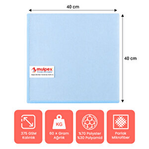 Mulpex Mikrofiber Temizlik Bezi 100 Adet - 40x40 Cm, 375 Gsm, Parlak Dokulu, 60 Gr ±2, Yüksek Emici, İz Bırakmaz