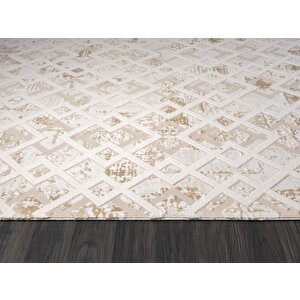Kaftan Kf008a Bej Halı Kahverengi Detaylı Geometrik Kabartma Desenli Akrilik Halı Tozuaz