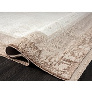 Dark Dk002a Bej Halı Kahverengi Kenar Çerçeveli Akrilik Tozuaz Modern Salon Halısı Yatak Odası 100x300 cm