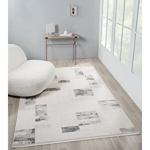 Truva Tv035m Krem Rengi Halı Lacivert Geometrik Detaylı Akrilik Yumuşak Modern Salon Halısı 80x300 cm