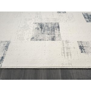 Truva Tv035m Krem Rengi Halı Lacivert Geometrik Detaylı Akrilik Yumuşak Modern Salon Halısı