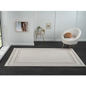 Truva Tv014a Bej Halı Kenar Çerçeveli Göbekli Desen Kalın Akrilik Tozuaz Modern Salon Halısı 80x150 cm
