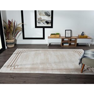 Merit Mr004a Krem Halı Kahverengi Kenar Çerçeveli Ince Yumuşak Akrilik Tozuaz Modern Salon Halısı 80x150 cm