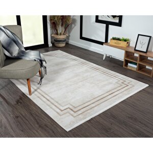 Merit Mr004a Krem Halı Kahverengi Kenar Çerçeveli Ince Yumuşak Akrilik Tozuaz Modern Salon Halısı 100x300 cm