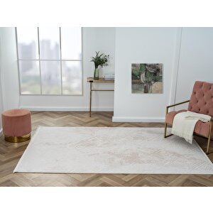 Kaftan Kf007b Bej Halı Geometrik Kabartma Desenli Akrilik Halı Tozuaz Salon Halısı Yatak Odası 100x300 cm