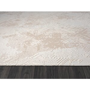 Kaftan Kf007b Bej Halı Geometrik Kabartma Desenli Akrilik Halı Tozuaz Salon Halısı Yatak Odası