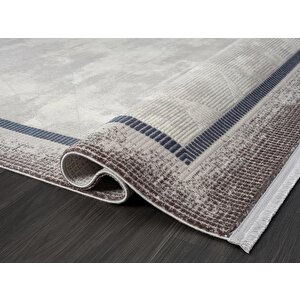Dark Dk012m Gri Halı Lacivert Kenar Çerçeveli Geometrik Detaylı Akrilik Tozuaz Modern Salon Halısı