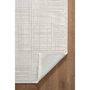 Best 115a Beyaz Modern Geometrik Desen Parlak Makinada Yıkanabilir Salon Halısı