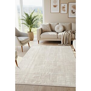 Best 115a Beyaz Modern Geometrik Desen Parlak Makinada Yıkanabilir Salon Halısı 80x150 cm