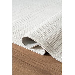 Best 115a Beyaz Modern Geometrik Desen Parlak Makinada Yıkanabilir Salon Halısı 200x290 cm