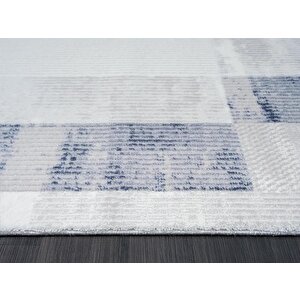 Dark Dk014m Gri Halı Mavi Geometrik Detaylı Akrilik Tozuaz Salon Halısı Yatak Odası Halısı Koridor