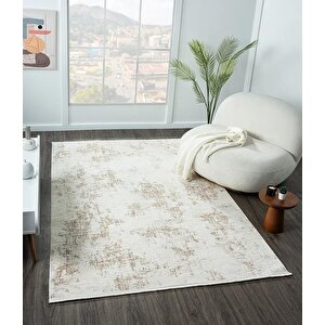 Lotus Plus 08584a Beyaz Halı Kahverengi Detaylı Ince Akrilik Tozuaz Salon Halısı Yatak Odası Koridor 80x300 cm