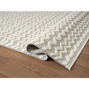 Wool Wl011a Gri Beyaz Modern Desen Kabartmalı Doku Pamuk Tabanlı Kaymaz Halı 80x150 cm