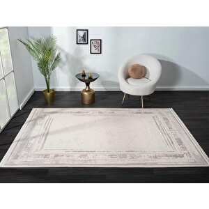 Truva Tv013a Bej Halı Geometrik Desen Kenar Çerçeveli Kalın Akrilik Tozuaz Modern Salon Halısı 100x300 cm