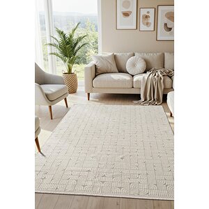 Best 113a Beyaz Modern Geometrik Desen Parlak Makinada Yıkanabilir Salon Halısı 200x290 cm