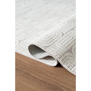 Best 113a Beyaz Modern Geometrik Desen Parlak Makinada Yıkanabilir Salon Halısı 200x290 cm