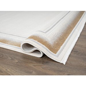 Truva Tv032s Krem Rengi Halı Gold Geometrik Detaylı Akrilik Yumuşak Salon Oturma Odası Halısı 100x200 cm