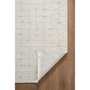Best 113a Beyaz Modern Geometrik Desen Parlak Makinada Yıkanabilir Salon Halısı