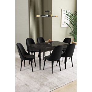 Ikon Siyah Mermer 80x132 Açılabilir Mdf Masa Yemek Odası Takımı, Mutfak Takımı 6 Adet Sandalye Siyah