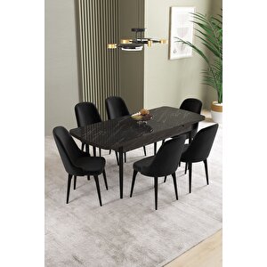 Ikon Siyah Mermer 80x132 Açılabilir Mdf Masa Yemek Odası Takımı, Mutfak Takımı 6 Adet Sandalye Siyah