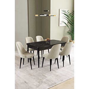 Ikon Siyah Mermer 80x132 Açılabilir Mdf Masa Yemek Odası Takımı, Mutfak Takımı 6 Adet Sandalye Krem