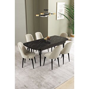 Ikon Siyah Mermer 80x132 Açılabilir Mdf Masa Yemek Odası Takımı, Mutfak Takımı 6 Adet Sandalye Krem