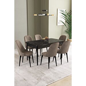 Ikon Siyah Mermer 80x132 Açılabilir Mdf Masa Yemek Odası Takımı, Mutfak Takımı 6 Adet Sandalye Cappuccino