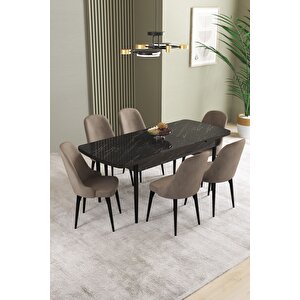 Ikon Siyah Mermer 80x132 Açılabilir Mdf Masa Yemek Odası Takımı, Mutfak Takımı 6 Adet Sandalye Cappuccino