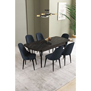 Ikon Siyah Mermer 80x132 Açılabilir Mdf Masa Yemek Odası Takımı, Mutfak Takımı 6 Adet Sandalye Antrasit
