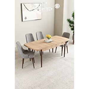 Clara Meşe Desen 80x132 Açılabilir Mdf Masa Yemek Odası Takımı,mutfak Takımı 4 Adet sandalye Gri