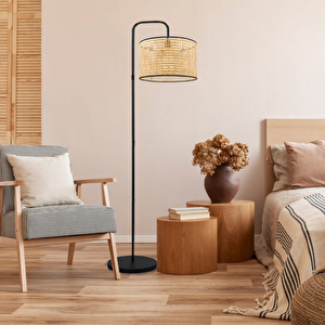 Suitable Metal Gövdeli Rattan Hasır Başlık Çok Amaçlı Lambader Salon Köşe Lambası Hasır