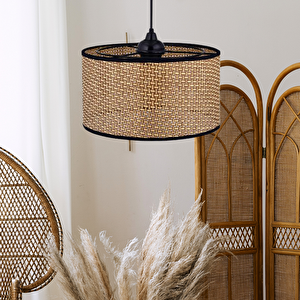 Rakkas Hasır Kaplama Metal Kasalı Silindir Kahverengi Avize Salon Yatak Odası Rattan Sarkıt A.Kahverengi-Bej