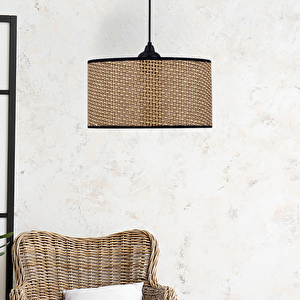 Rakkas Hasır Kaplama Metal Kasalı Silindir Kahverengi Avize Salon Yatak Odası Rattan Sarkıt A.Kahverengi-Bej